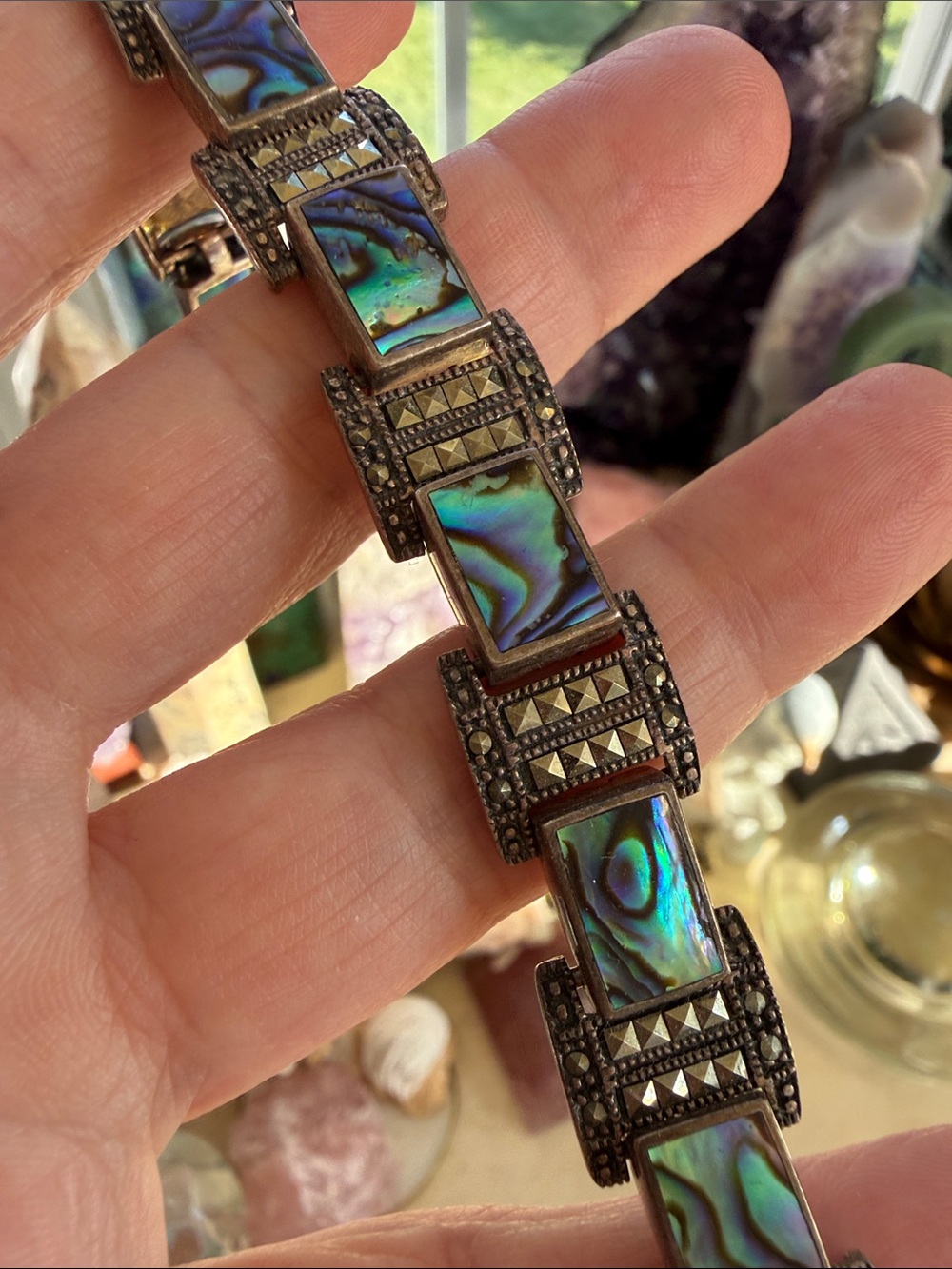 Sterling 925 Abalone Inlay Marcasite Link Bracelet - Iridescent Green-Blue